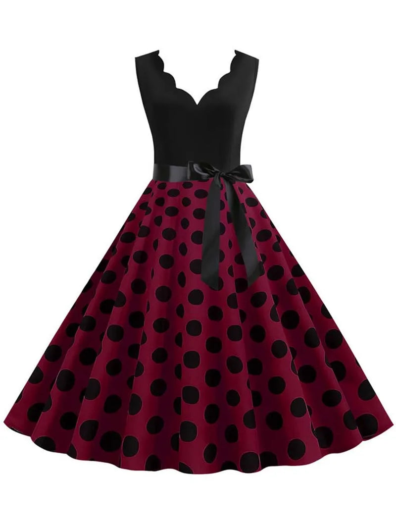 Polka Dot Print Vintage Women Summer Dress Black Patchwork Sleeveless V Neck Elegant Party Dresses Casual Robe Midi
