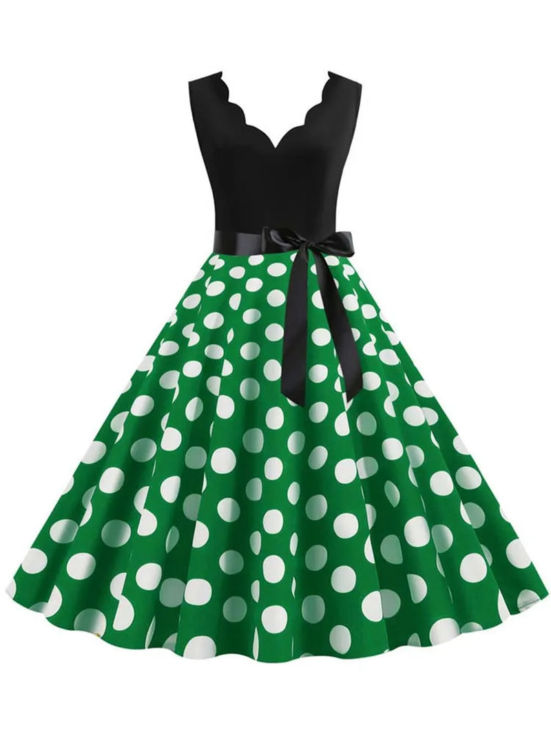Polka Dot Print Vintage Women Summer Dress Black Patchwork Sleeveless V Neck Elegant Party Dresses Casual Robe Midi