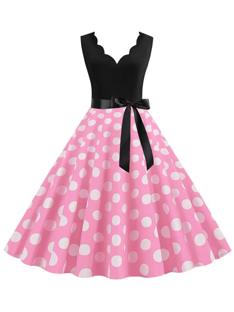Polka Dot Print Vintage Women Summer Dress Black Patchwork Sleeveless V Neck Elegant Party Dresses Casual Robe Midi