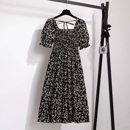 Spring Summer Chiffon Dresses Fashion Female Elastic Waist Short Sleeve Pleated Casual Dress Women A-Line Dresses Vestidos