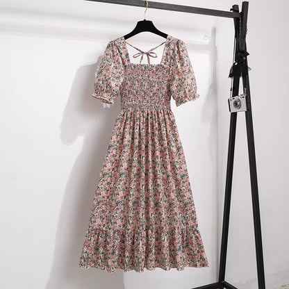 Spring Summer Chiffon Dresses Fashion Female Elastic Waist Short Sleeve Pleated Casual Dress Women A-Line Dresses Vestidos