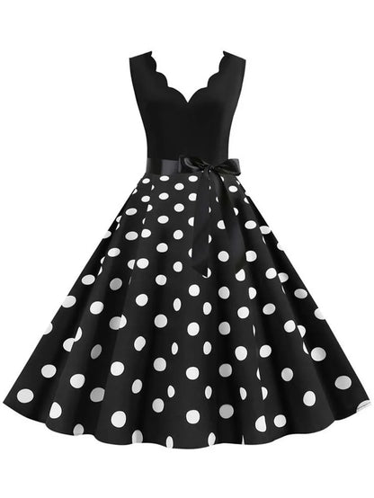 Polka Dot Print Vintage Women Summer Dress Black Patchwork Sleeveless V Neck Elegant Party Dresses Casual Robe Midi