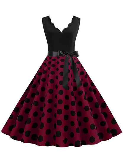 Polka Dot Print Vintage Women Summer Dress Black Patchwork Sleeveless V Neck Elegant Party Dresses Casual Robe Midi
