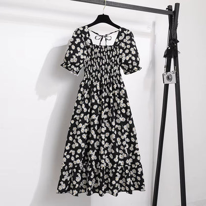 Spring Summer Chiffon Dresses Fashion Female Elastic Waist Short Sleeve Pleated Casual Dress Women A-Line Dresses Vestidos