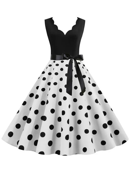 Polka Dot Print Vintage Women Summer Dress Black Patchwork Sleeveless V Neck Elegant Party Dresses Casual Robe Midi
