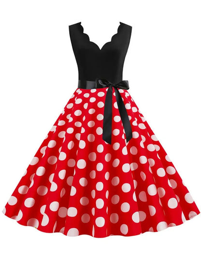 Polka Dot Print Vintage Women Summer Dress Black Patchwork Sleeveless V Neck Elegant Party Dresses Casual Robe Midi