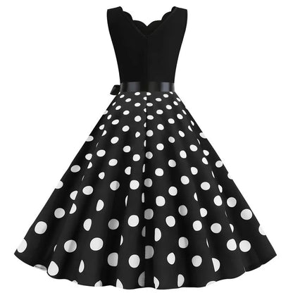 Polka Dot Print Vintage Women Summer Dress Black Patchwork Sleeveless V Neck Elegant Party Dresses Casual Robe Midi
