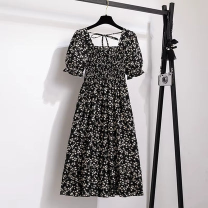 Spring Summer Chiffon Dresses Fashion Female Elastic Waist Short Sleeve Pleated Casual Dress Women A-Line Dresses Vestidos