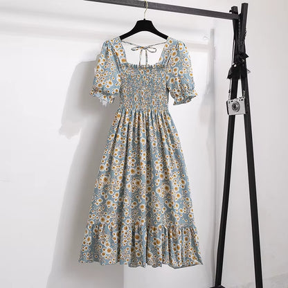 Spring Summer Chiffon Dresses Fashion Female Elastic Waist Short Sleeve Pleated Casual Dress Women A-Line Dresses Vestidos